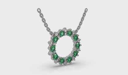 Diamond and Emerald Open Starburst Circle Pendant Necklace