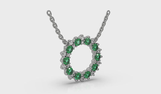 Diamond and Emerald Open Starburst Circle Pendant Necklace