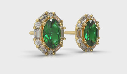 Oval Emerald and Diamond Baguette Earrings