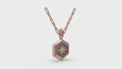 Center Starburst Diamond and Bezel Hexagon Pendant Necklace