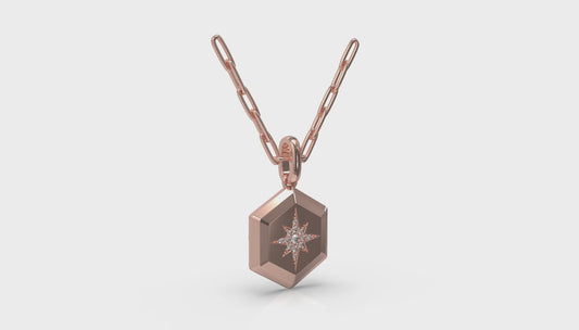 Center Starburst Diamond and Bezel Hexagon Pendant Necklace