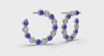 Forward-facing Diamond and Blue Sapphire  Open Hoop Earrings