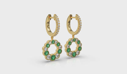 Round Bezel Set Diamond and Emerald Circle Drop Earring