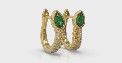 Pear Shaped Bezel Set Emerald and Diamond Huggie Earrings