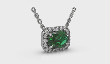 Diamond Cushion Halo and Oval Emerald Necklace