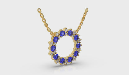 Diamond and Blue Sapphire Open Starburst Circle Pendant Necklace
