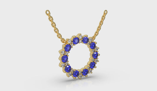 Diamond and Blue Sapphire Open Starburst Circle Pendant Necklace