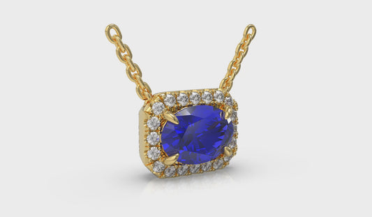 Diamond Cushion Halo and Oval Sapphire Necklace