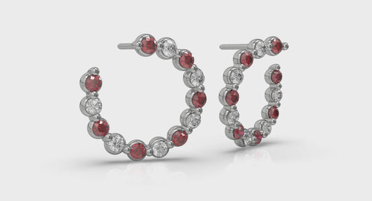 Forward-facing Diamond and Ruby Open Hoop Earrings