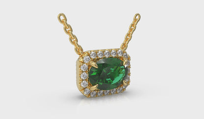 Diamond Cushion Halo and Oval Emerald Necklace