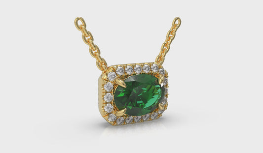 Diamond Cushion Halo and Oval Emerald Necklace