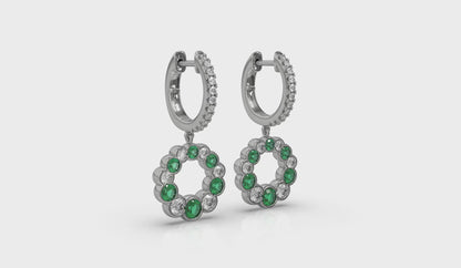 Round Bezel Set Diamond and Emerald Circle Drop Earring