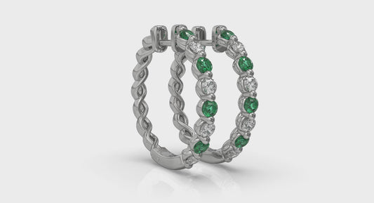 Diamond and Emerald  Twist Hoop Earrings
