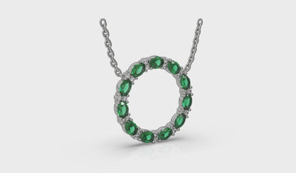Oval Emerald and Diamond Open Circle Pendant Necklace