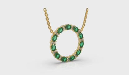 Oval Emerald and Diamond Open Circle Pendant Necklace