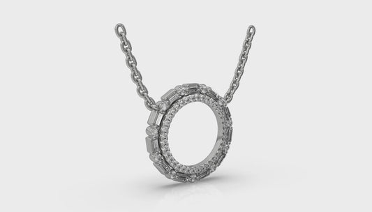 Diamond Baguette Double Open Circle Pendant Necklace
