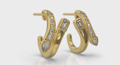 Pear and Emerald Diamond Bypass Hoop Earrings