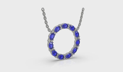 Oval Blue Sapphire and Diamond Open Circle Pendant Necklace