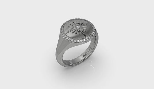 Center Starburst Diamond and Bezel Signet Ring