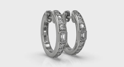 Bezel Set Emerald and Round Diamond Hoop Earrings
