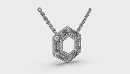 Diamond Baguette Double Row Open Honeycomb Pendant Necklace