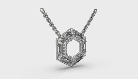 Diamond Baguette Double Row Open Honeycomb Pendant Necklace