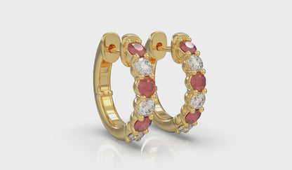 Forward-facing Diamond and Ruby  Open Hoop Earrings