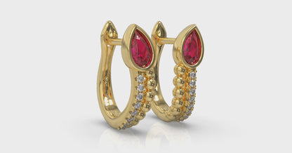 Pear Shaped Bezel Set Ruby and Diamond Huggie Earrings