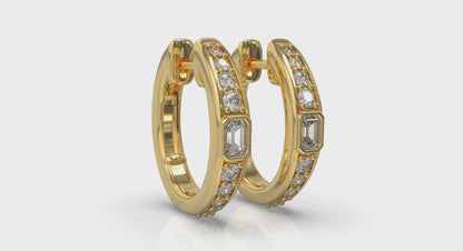 Bezel Set Emerald and Round Diamond Hoop Earrings