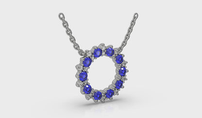 Diamond and Blue Sapphire Open Starburst Circle Pendant Necklace