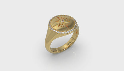 Center Starburst Diamond and Bezel Signet Ring