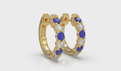 Forward-facing Diamond and Blue Sapphire  Open Hoop Earrings