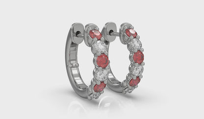 Forward-facing Diamond and Ruby  Open Hoop Earrings