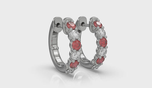 Forward-facing Diamond and Ruby  Open Hoop Earrings