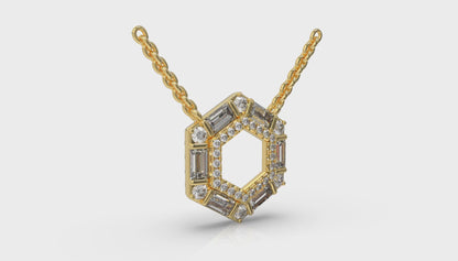 Diamond Baguette Double Row Open Honeycomb Pendant Necklace