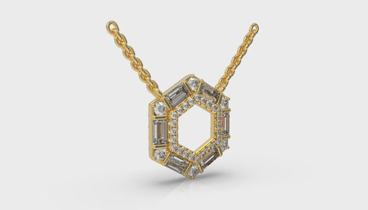 Diamond Baguette Double Row Open Honeycomb Pendant Necklace
